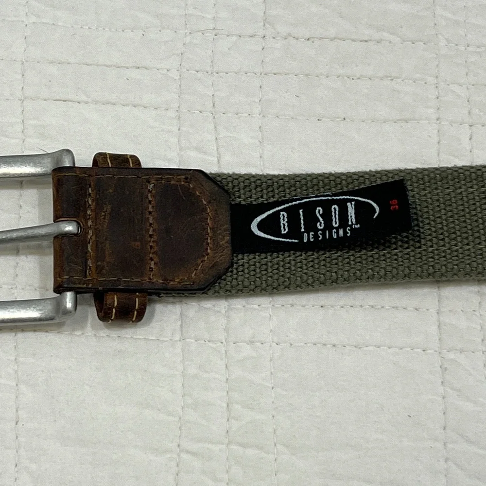 Bison Designs Mens 36 Fly Fishing Webbing Leather Belt Olive Green Made in USA